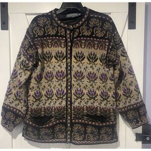 Vintage Icelandic Wool Cardigan Sweater Nordic Scandinavian Fair Isle 100% WOOL